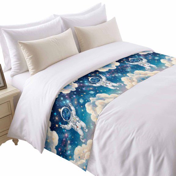 Astronauts Universe Bed Runner for Twin Size Bed, Color Stars Dreamy Sky Cloud Planets Soft Bedding Scarf Bedding Protector Slipcover Sofa Throw for Bedroom Hotel Guesthouse