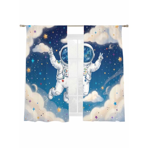 Astronauts Universe Sheer Curtains 2 Panels Set Color Star Dreamy Sky Cloud Cartoon Sheer Window Curtains Light Filtering Rod Pocket Voile Drapes for Bedroom Living Room 52"x63"
