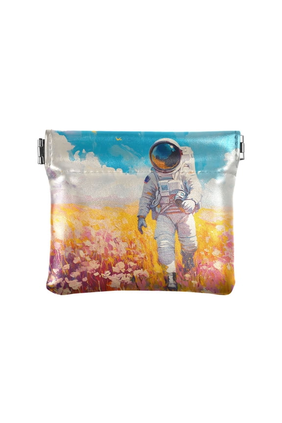 Astronauts Walking Flowers Wallet Small PU Leather Change Pouch Wallet for Women