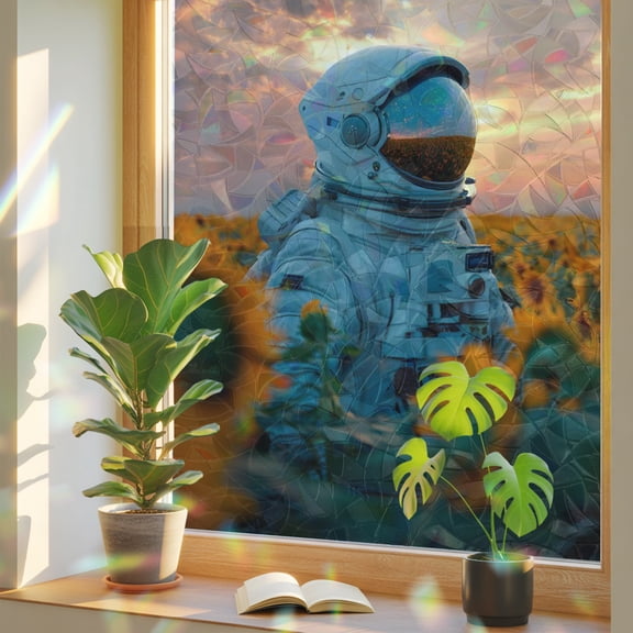 Astronauts Window Privacy Film, Floral Landscape Sunflower Field Sunset Sky Stained Glass Rainbow Film Decorative Window Clings, Static Cling Sun Blocking Stickers 17.7" x 39.3"
