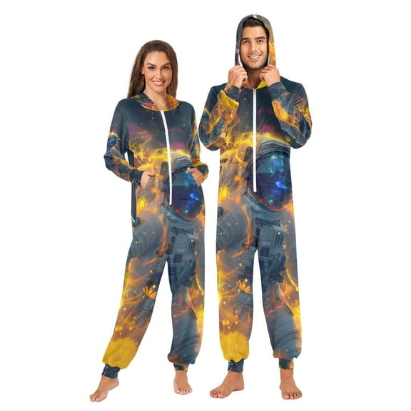 Astronauts in Space Adult Onesie Pajamas Slim Fit Christmas One Piece Suit Pjs for Women and Men Hooded Zipper
