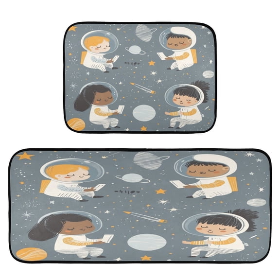 Astronauts in Space Art 2-Piece Kitchen Carpet Mat Set, Non-Slip Memory Foam, Soft for Kitchen and Living Room Use
