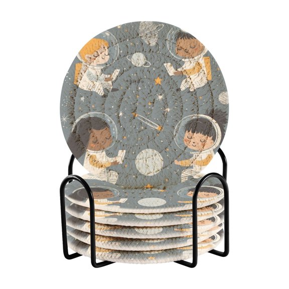 Astronauts in Space Art 4in Bar Coasters Set of 6 with Storage Rack Durable Heat Resistant