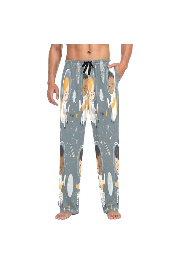 Astronauts in Space Art Mens Cotton Pajama Pants Long Staple Lightweight Sleep Bottoms with Pockets Breathable