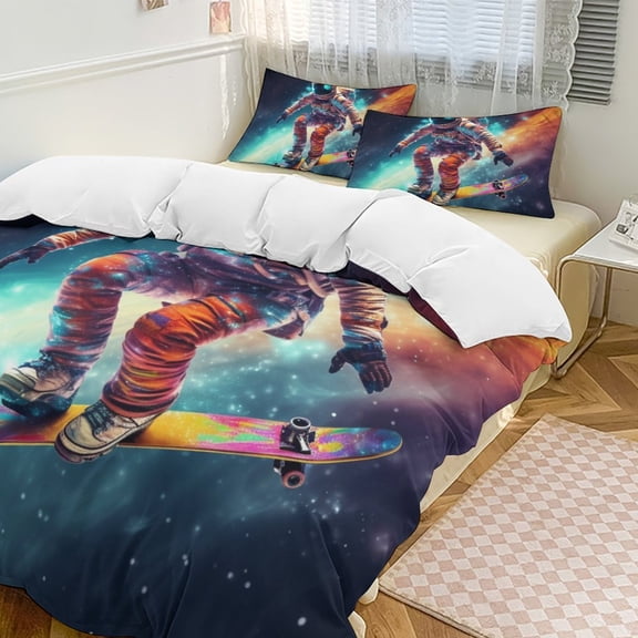 Astronauts in Space Duvet Cover Set Themed Multicolor Polyester Bedding Set for Bedroom Decoration with 2 Pillow Shams
