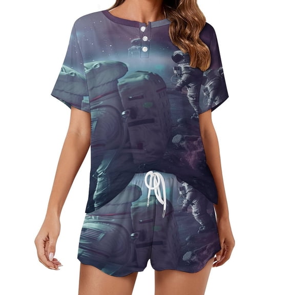 Astronauts in Space Pajama Set for Women 2 Piece Sleepwear Loungewear Short Sleeve