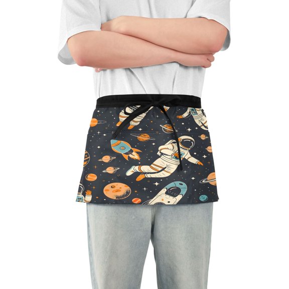 Astronauts in Space Server Apron with 3 Pockets Waterproof Waitress Waist Short Apron for Man Woman 12 Inches
