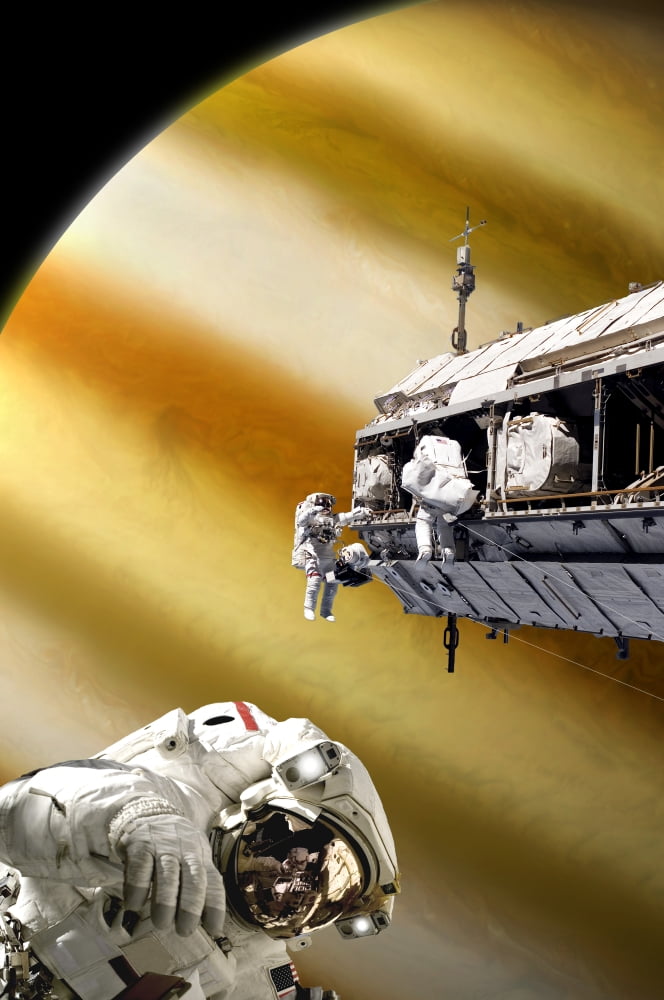 Astronauts performing work on a space station while orbiting a Jupiter-like planet Canvas Art - Marc WardStocktrek Images (23 x 35)