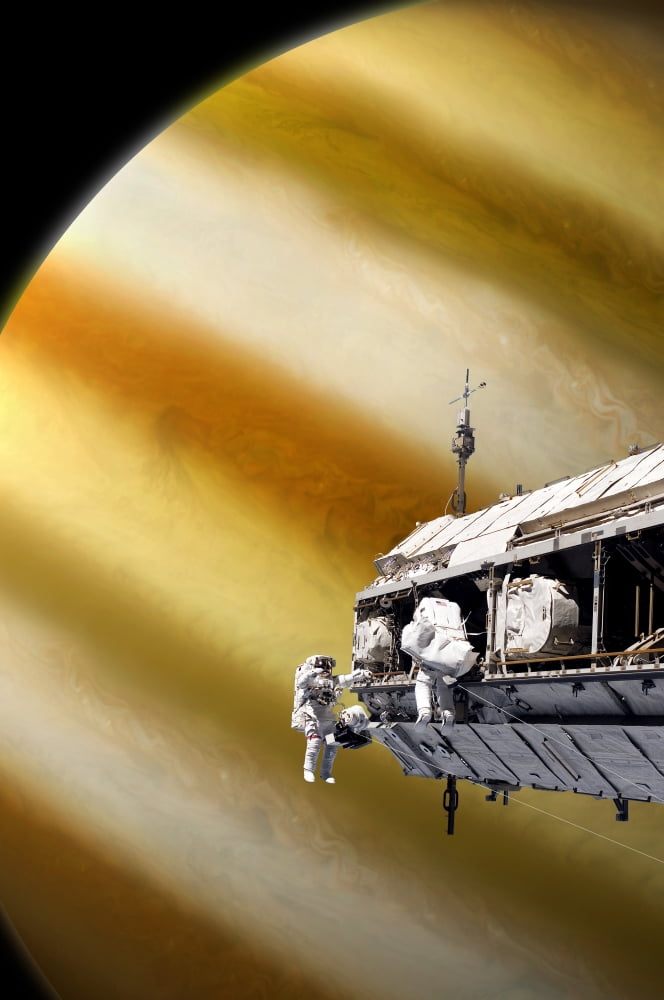 Astronauts performing work on a space station while orbiting a large alien planet Canvas Art - Marc WardStocktrek Images (12 x 18)