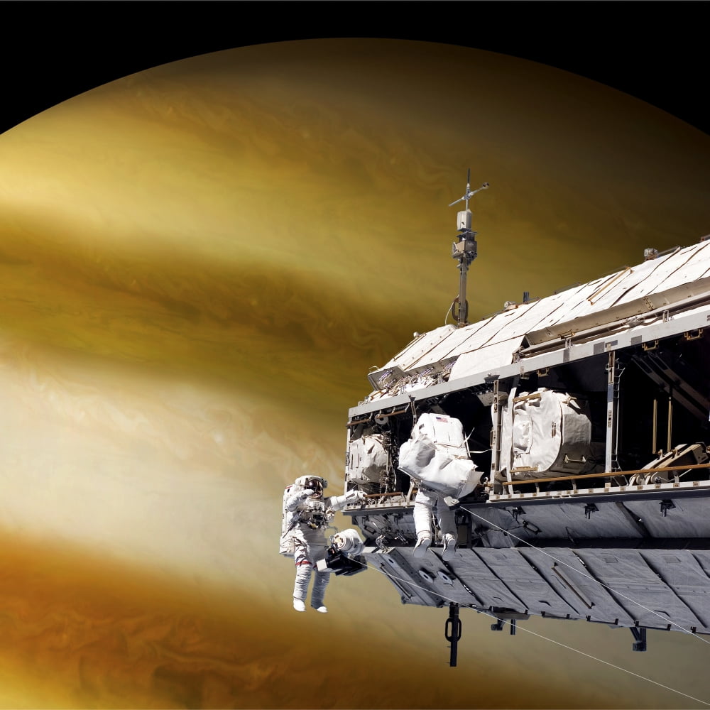 Astronauts performing work on a space station while orbiting a large alien planet Canvas Art - Marc WardStocktrek Images (29 x 29)
