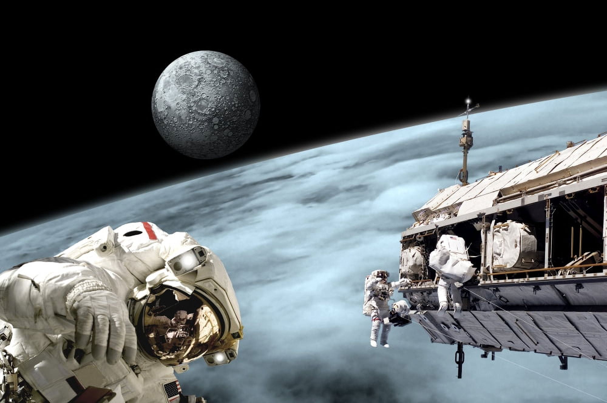 Astronauts performing work on a space station while orbiting an alien world with moonrise Canvas Art - Marc WardStocktrek Images (18 x 12)
