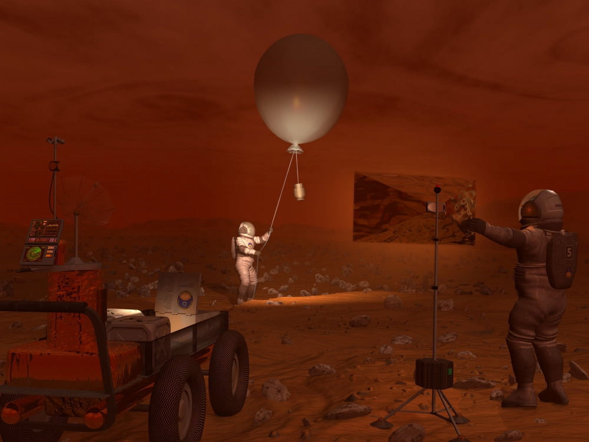 Astronauts release a weather balloon on the surface of Titan Canvas Art - Walter MyersStocktrek Images (17 x 13)