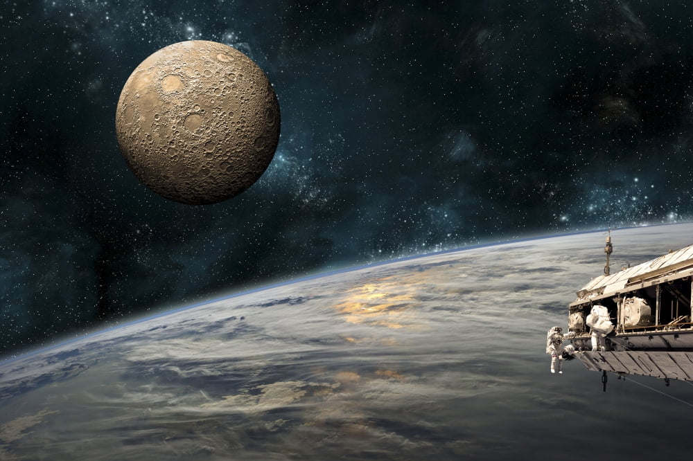 Astronauts working on space station while orbiting an Earth-like planet Canvas Art - Marc WardStocktrek Images (17 x 12)