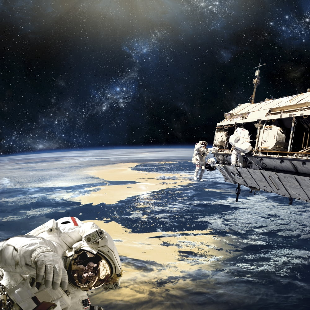 Astronauts working on space station while orbiting an Earth-like planet Canvas Art - Marc WardStocktrek Images (29 x 29)