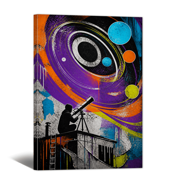 Astronomer Figure Canvas Wall Art Vitality Street Graffiti Picture Print, Spray Paint Retro Artwork Colored Drawing Painting for Living Room Bedroom Home Office Decor