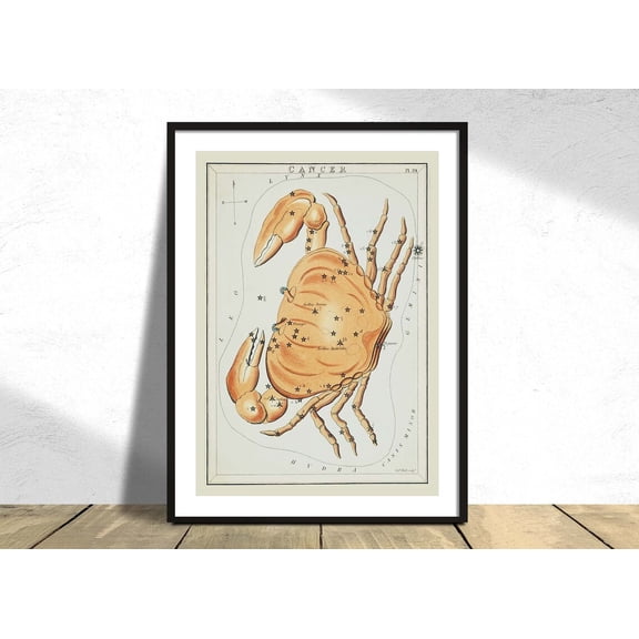 Astronomical Chart Illustration Cancer Zodiac Crab Constellation Poster Astrology, Unframed Paper Poster 8x10in