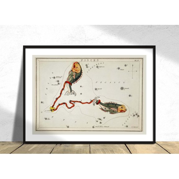 Astronomical Chart Illustration Pisces Astrology Constellation Star Map Fishes Poster Uranias Mirror Retro, Unframed Paper Poster 8x10in