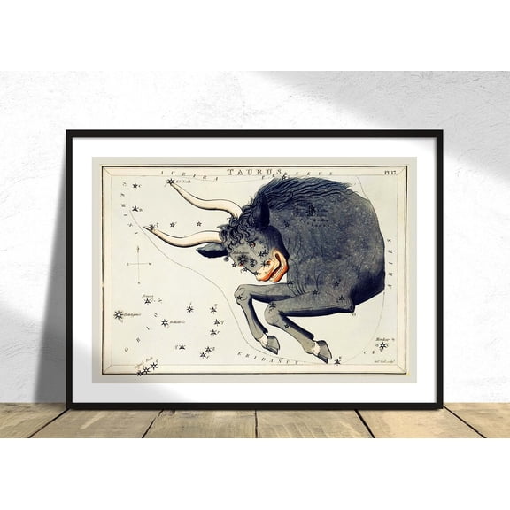 Astronomical Chart Illustration Taurus Astrology Constellation Star Map Taurus Poster Retro Zodiac Animals, Unframed Paper Poster 8x10in