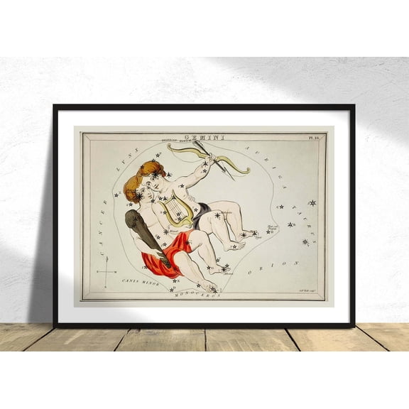 Astronomical Chart Illustration Zodiac Gemini Astrology Constellation Star Map Gemini Poster Retro Zodiac, Unframed Paper Poster 8x10in