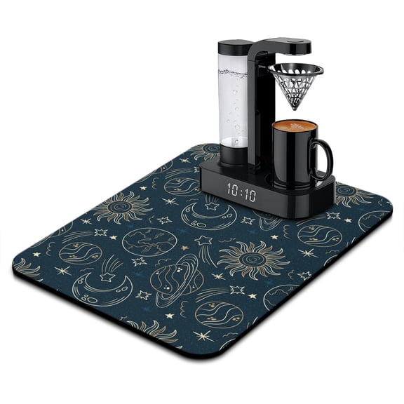 Astronomical Coffee Bar Mat, Absorbent Dish Drying Pad with Star & Moon Map Patterns, Leak-Proof Non-Slip Kitchen Counter Mat for Coffee Station