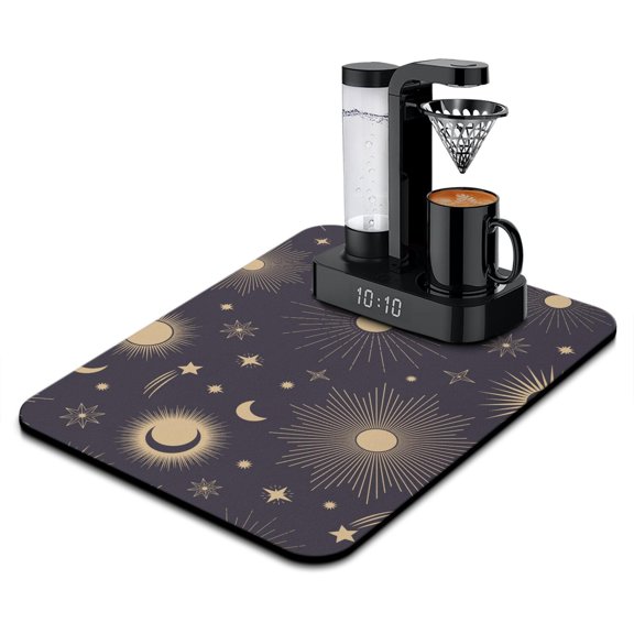 Astronomical Coffee Bar Mat, Absorbent Dish Drying Pad with Star & Moon Map Patterns, Leak-Proof Non-Slip Kitchen Counter Mat for Coffee Station
