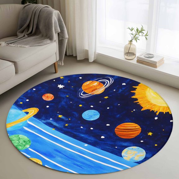 Astronomy 3FT Round Area Rug Planets Saturn Sun Stars Galaxy Cosmic Soft Small Round Rugs Non-Slip, Ultra-Thin Washable Rug Low Pile Circle Carpet for Bedroom Kitchen Nursery