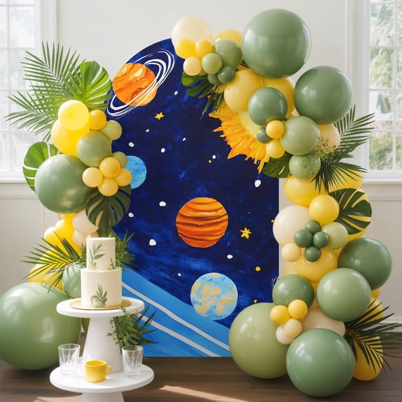 Astronomy Arch Backdrop Cover, 4FT, Planets Saturn Sun Stars Galaxy Cosmic Spandex Arch Covers Double-Sided Backdrop for Wedding Birthday Party Photo Background Decoration