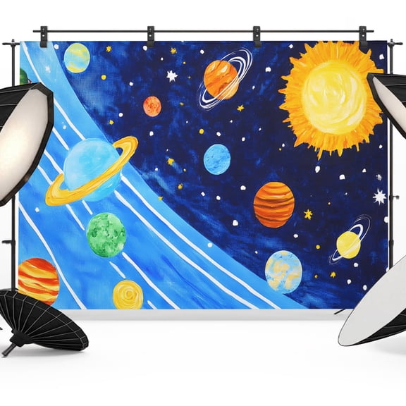 Astronomy Backdrops for Photography, Planets Saturn Sun Stars Galaxy Cosmic Fabric Photo Background Sturdy Studio Props for Photo Studio, Video Recording, Booth & Photoshoot 7x5ft