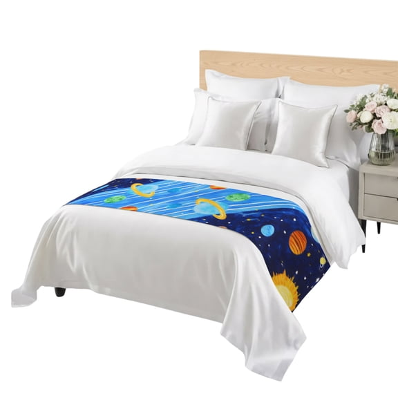 Astronomy Bed Runner Twin Size Planets Saturn Sun Stars Galaxy Cosmic Soft Bed Scarf for Foot of Bed, Decorative Bedding Scarf Protection for Hotel Home Bedroom 71 x 20 Inch