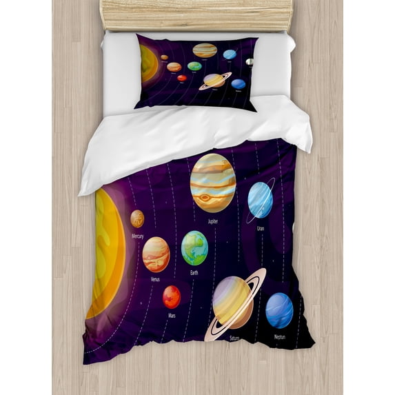 Astronomy Duvet Cover Set, Cartoon Solar System Graphic with Planets in Planetary Orbits Sun, Decorative 2 Piece Bedding Set with 1 Pillow Shams, Twin Size, Dark Purple Multicolor, by Ambesonne