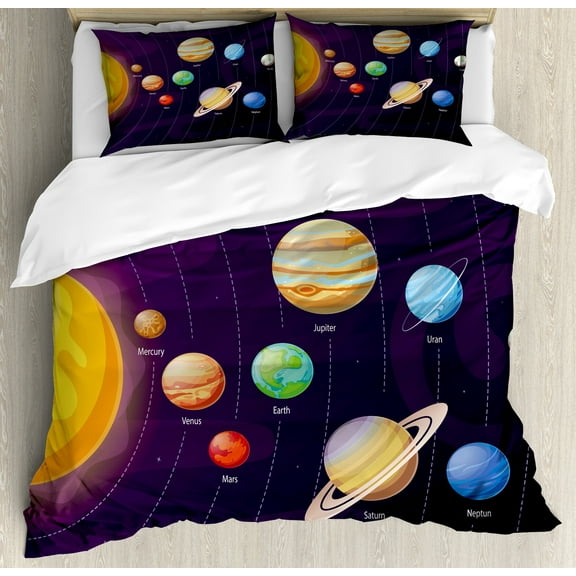 Astronomy Duvet Cover Set, Cartoon Solar System Graphic with Planets in Planetary Orbits Sun, Decorative 3 Piece Bedding Set with 2 Pillow Shams, Calking Size, Dark Purple Multicolor, by Ambesonne