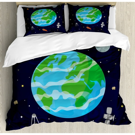 Astronomy Duvet Cover Set, Celestial Cartoon with Earth Rockets Satellites and Moon Outer Space, Decorative 3 Piece Bedding Set with 2 Pillow Shams, King Size, Indigo and Multicolor, by Ambesonne