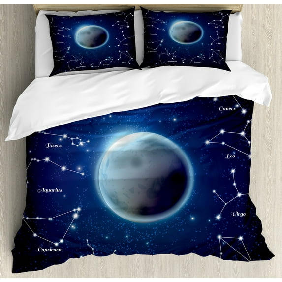 Astronomy Duvet Cover Set, Zodiac Signs and Constellations Around Moon, Decorative 3 Piece Bedding Set with 2 Pillow Shams, Queen Size, Night Blue Dark Grey, by Ambesonne
