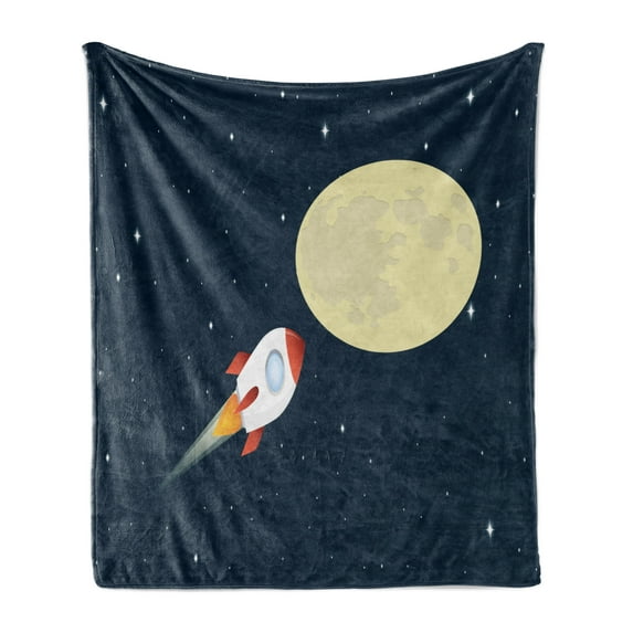 Astronomy Soft Flannel Fleece Throw Blanket, Flying Rocket on Space with Moon, Cozy Plush for Indoor and Outdoor Use, 50" x 70", Dark Night Blue Cream, by Ambesonne