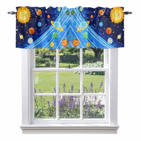 Astronomy Valances for Windows Planets Saturn Sun Stars Galaxy Cosmic Rod Pocket Light Filtering Short Window Treatments Curtains for Kitchen Bathroom Living Room Bedroom, 1 Panel, 60 x 14 Inch