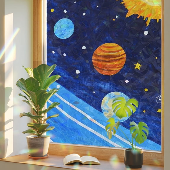 Astronomy Window Privacy Film, Planets Saturn Sun Stars Galaxy Cosmic Stained Glass Rainbow Film Decorative Window Clings, Static Cling Sun Blocking Stickers 23.6" x 59"