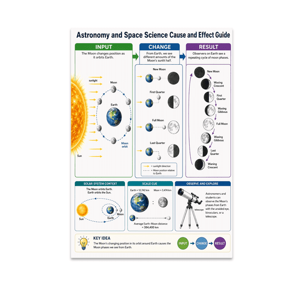 Astronomy and Space Science Cause and Effect Guide Poster, Classrooms, Science Rooms, and Homeschool Spaces, 13x19 Glossy Paper