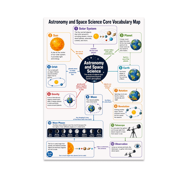 Astronomy and Space Science Core Vocabulary Map Poster, Classrooms, Science Rooms, Homeschoolers, and Astronomy Enthusiasts, 13x19 Glossy Paper