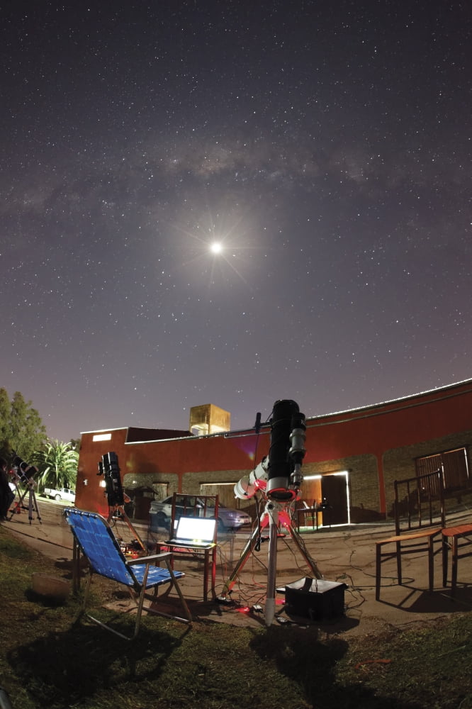 Astrophotography setup with the moon and Milky Way in the background Canvas Art - Luis ArgerichStocktrek Images (12 x 18)