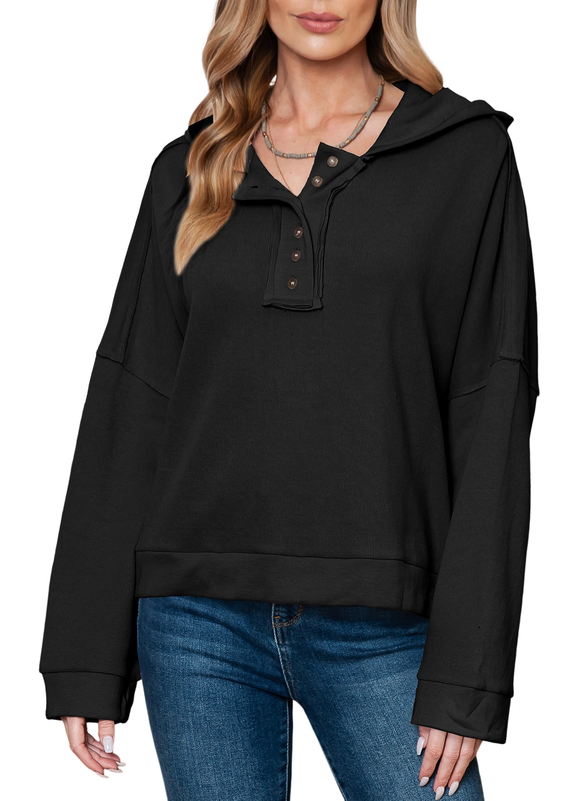 Astylish Black Sweatshirt Women 1/4 Button Down Cropped Sweatshirts