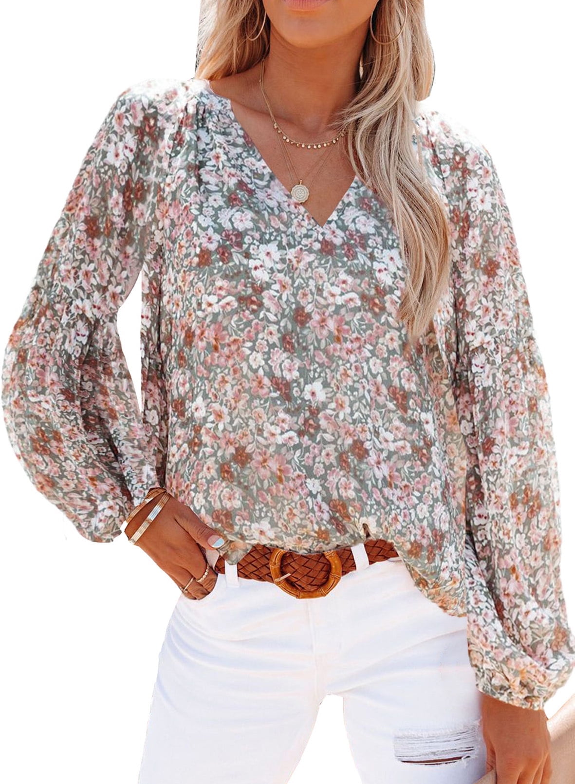 Astylish Boho Tops for Women Casual Spring Floral Print Chiffon Shirts V  Neck Long Sleeve Blouses Size XL 