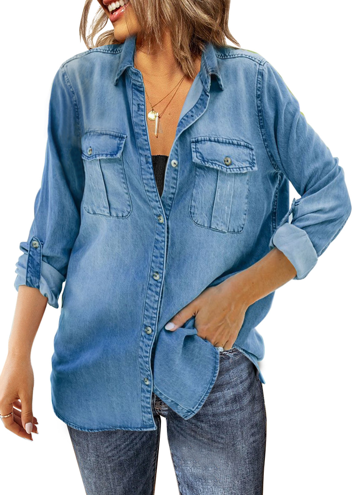 Astylish Denim Shirt For Women Cotton Button Down V Neck Blouses Casual 