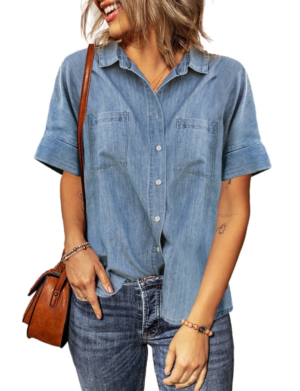 Astylish Denim Shirt Women Short Sleeve Tunic Button Down Shirt Classic