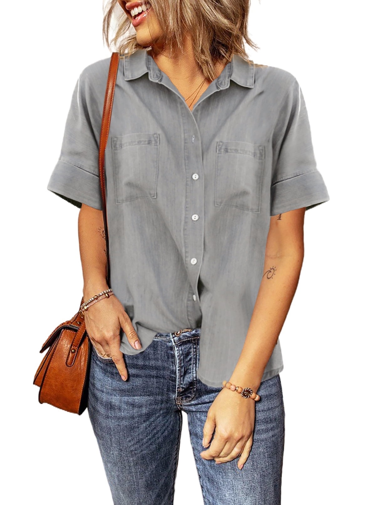 Astylish Denim Shirt for Women Button Down Short Sleeve Jean Shirt With  Pockets Size S - Walmart.com