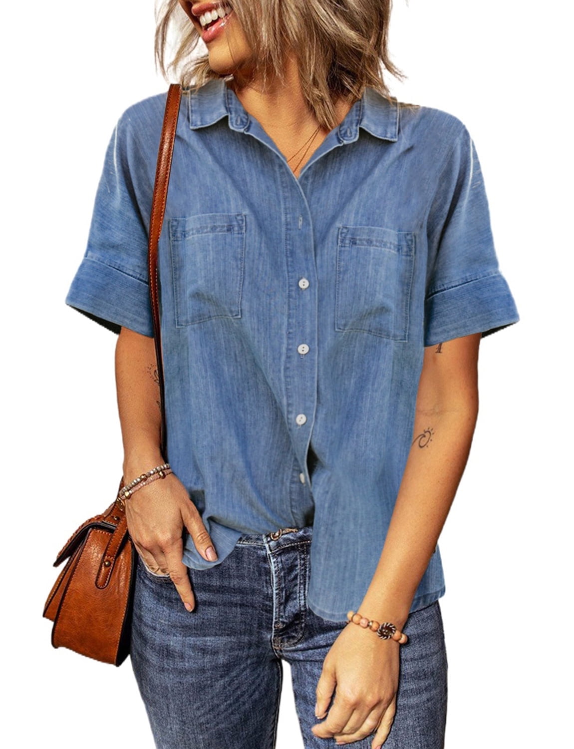 CTRLZS Womens Clothes Women Short Sleeve Denim Shirt Button Down Chambray  Jean Western Shirts Summer Loose Casual Solid Collared Tops  Blouse(Blue,Small) at  Women's Clothing store