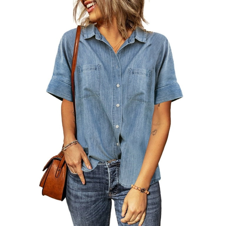 Astylish Women's Denim Tunic Button Down Shirt, Short Sleeve