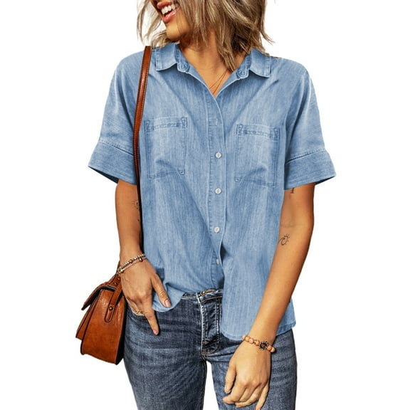 Astylish Ladies Denim Tops Jean Blouses for Women Business Casual Short Sleeve Summer Denim Shirt Jackets