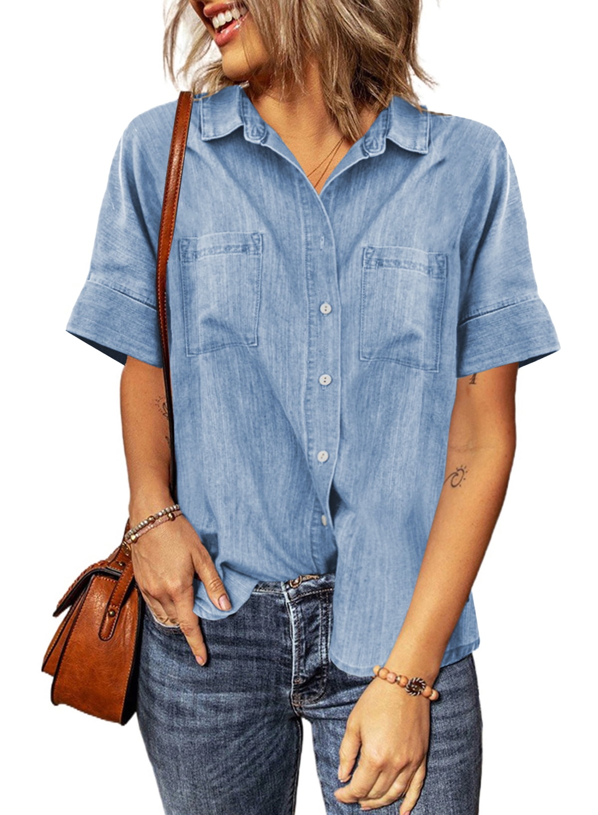 Astylish Ladies Denim Tops Jean Blouses for Women Business Casual Short ...