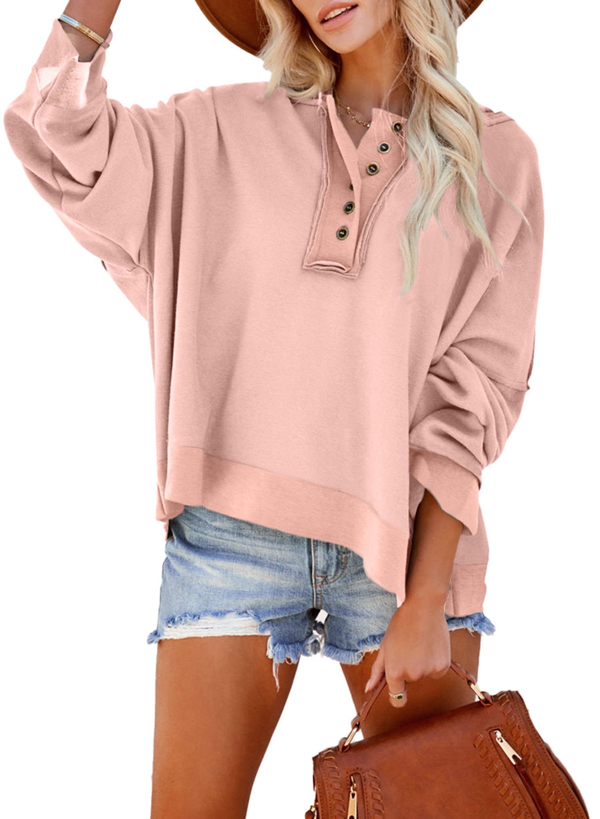 Astylish Oversized Sweatshirt for Women Long Sleeve Henley Hoodie Fall