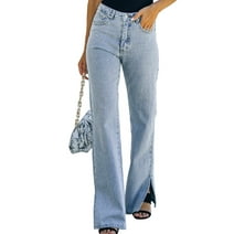 Astylish Slit Hem Jeans Womens High Rise Wide Leg Denim Pants Fashion Washed Petite Bell Bottom Jeans with Classic Five Pockets Size 10